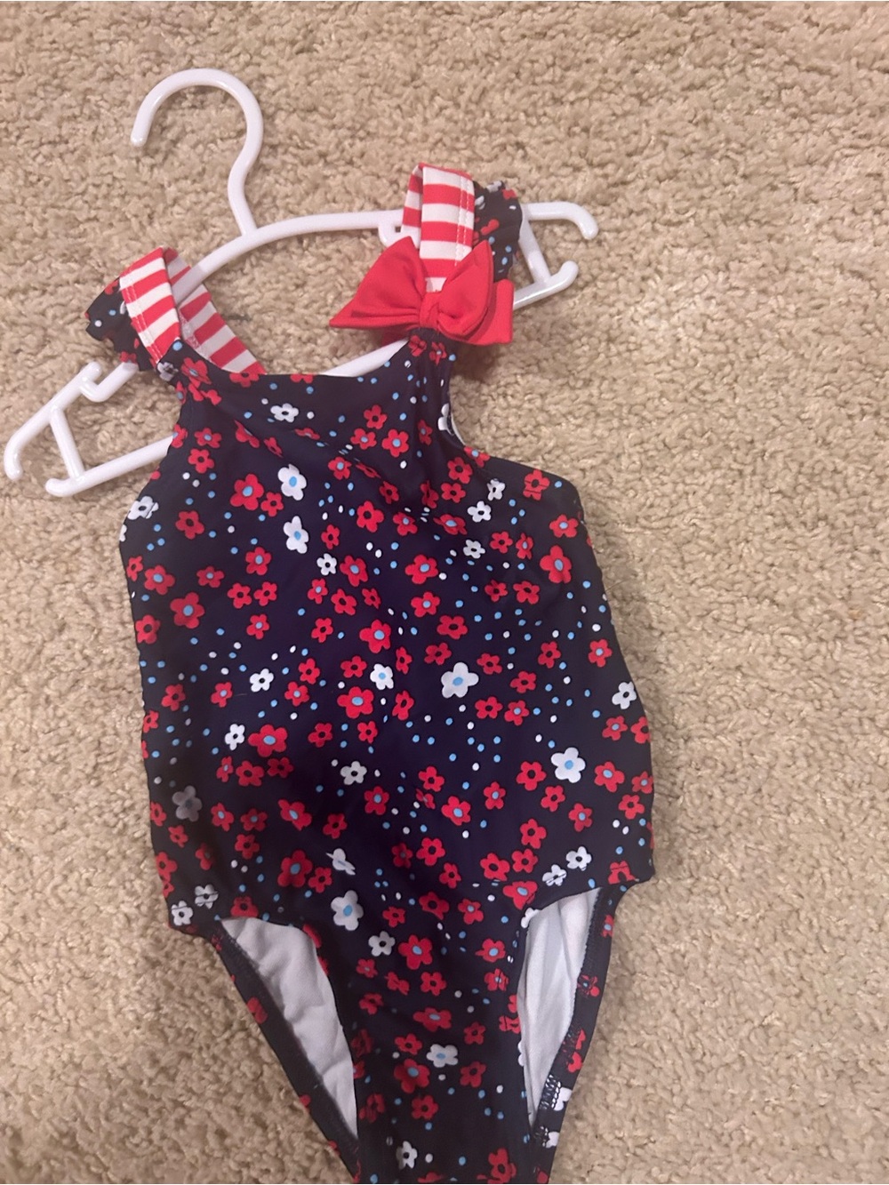 Kids Floral One-Piece Swimsuit with Bow - Navy & Red